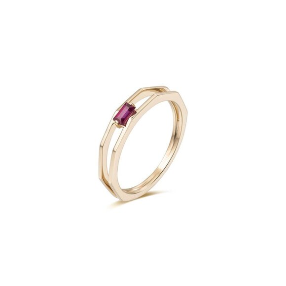 Hexagon Open Band Baguette Ruby 14K Yellow Gold Ring